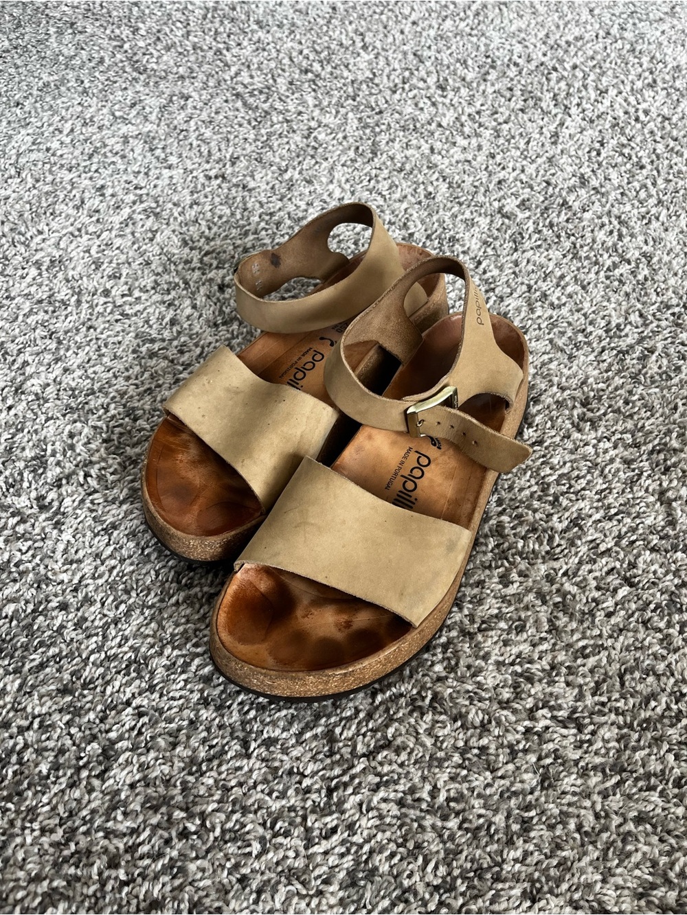 Papillio Beige/Tan Suede Two-Strap Cork Sandals
